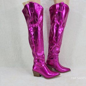 Country Disco Cowboy Metallic Hot Pink Western Cowgirl OTK Thigh Boots New